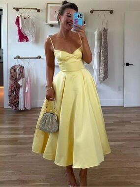 Sunshine Yellow Midi Fit-and-Flare Dress with Spaghetti Straps